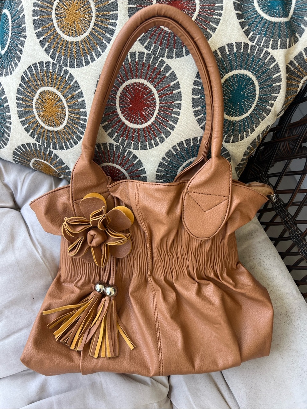Vintage Inspired Boho Tan Faux Leather Flower Applique Hobo Shoulder Bag
